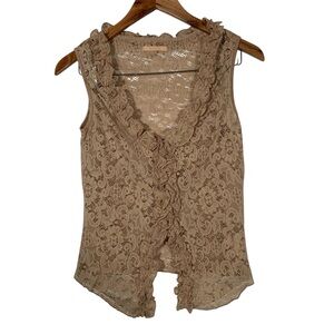 Y2K Forever21 Tan Sleeveless Floral Lace Ruffled V-neck Top Size Medium
